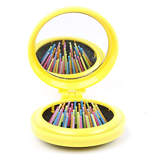 Alexvyan Yellow Round Travel Mini Hair Comb with Make up Mirror Pocket Hair Brush Folding Hair Brush for Travel,Gift for friends, relative, lovers, sisters,mothers and yourself - Image 1