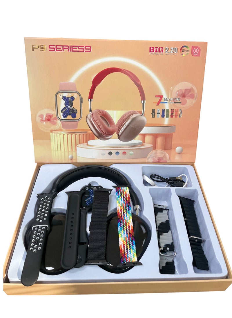 Headset with Smart Watch Ultra with 7 Straps Full Touch Color Screen Bluetooth Calling Health and Sports Smartwatch Multicolor