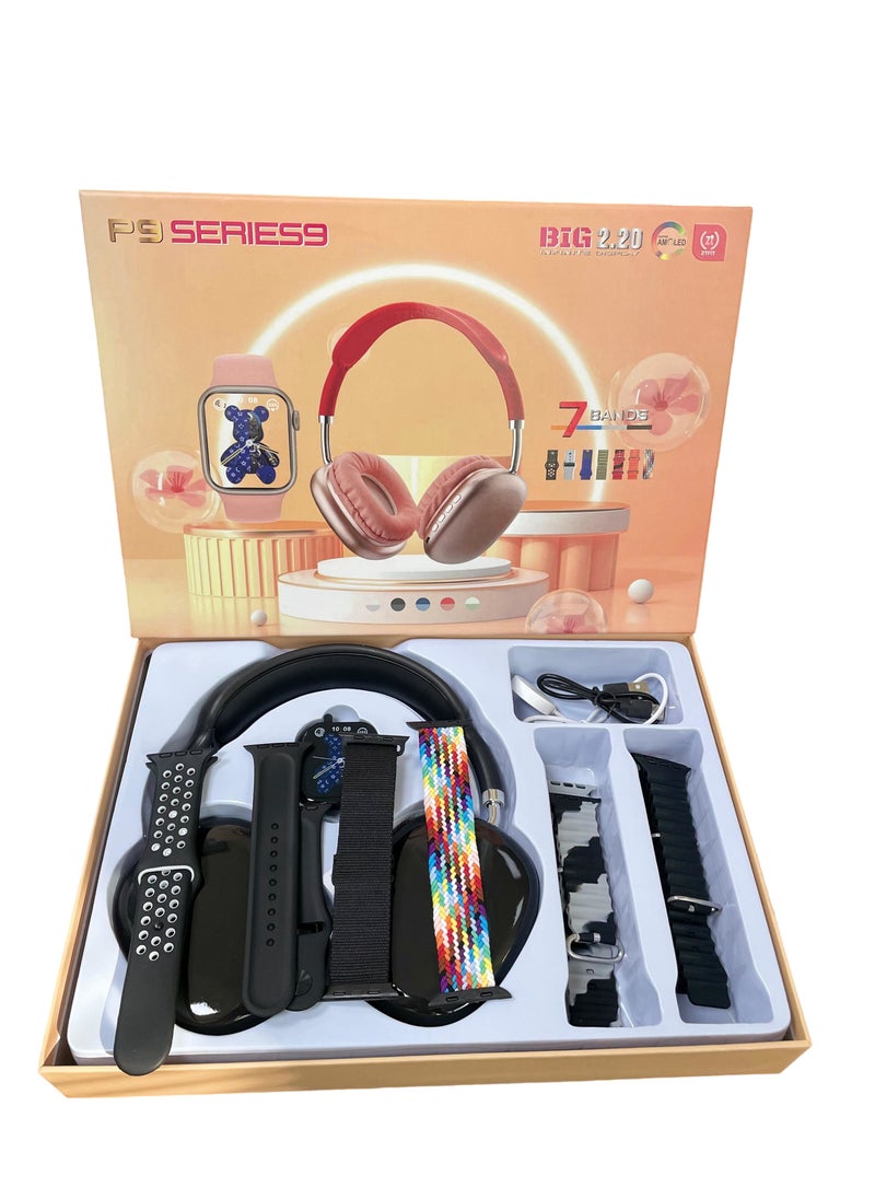 Headset with Smart Watch Ultra with 7 Straps Full Touch Color Screen Bluetooth Calling Health and Sports Smartwatch Multicolor