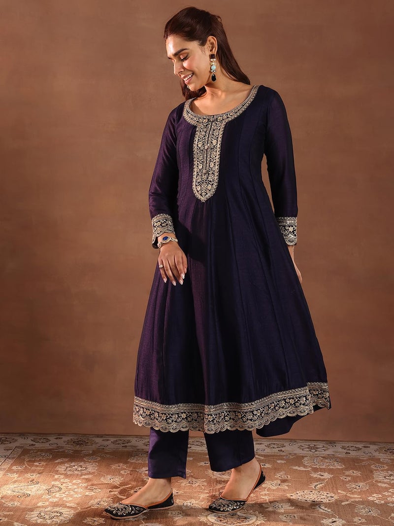 Libas Purple Embroidered Silk Blend Anarkali Kurta With Trousers & Dupatta - Image 3