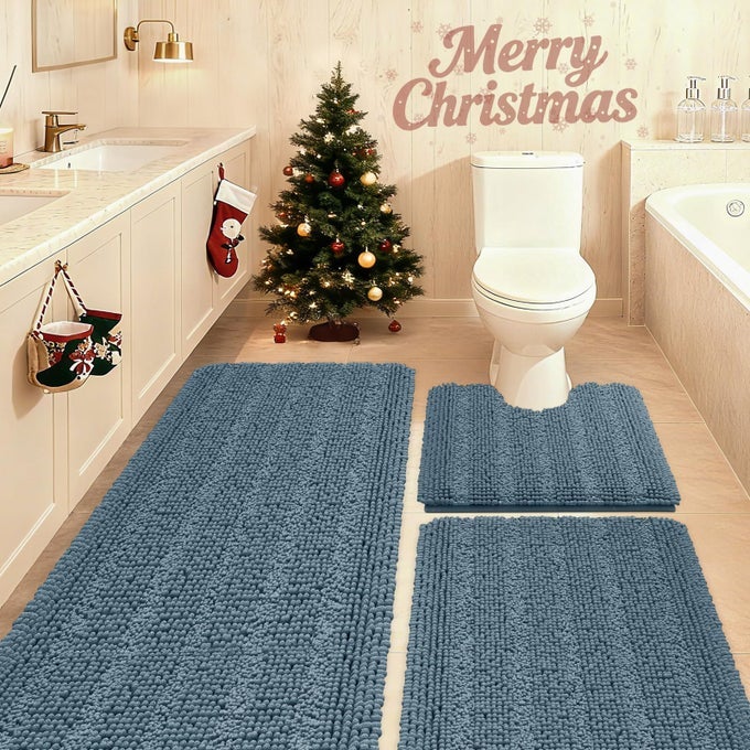 STRIPED HAZE BLUE BATHROOM RUG SET 3 PIECES ULTRA SOFT NON SLIP CHENILLE BATH CARPET ABSORBENT PLUSH SHAGGY BATH MATS FOR BATHROOM TOILET BEDROOM STONE BLUE