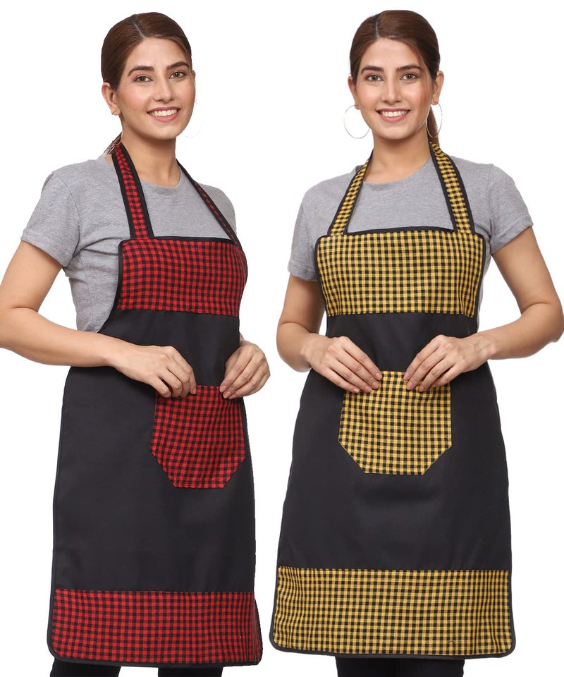 JMi Check and Plain Fabric Designer Waterproof Apron With Front Multi Purpose Pocket For Kitchen, Cooking, Dusting, Home. (Pack of 2) - Image 1