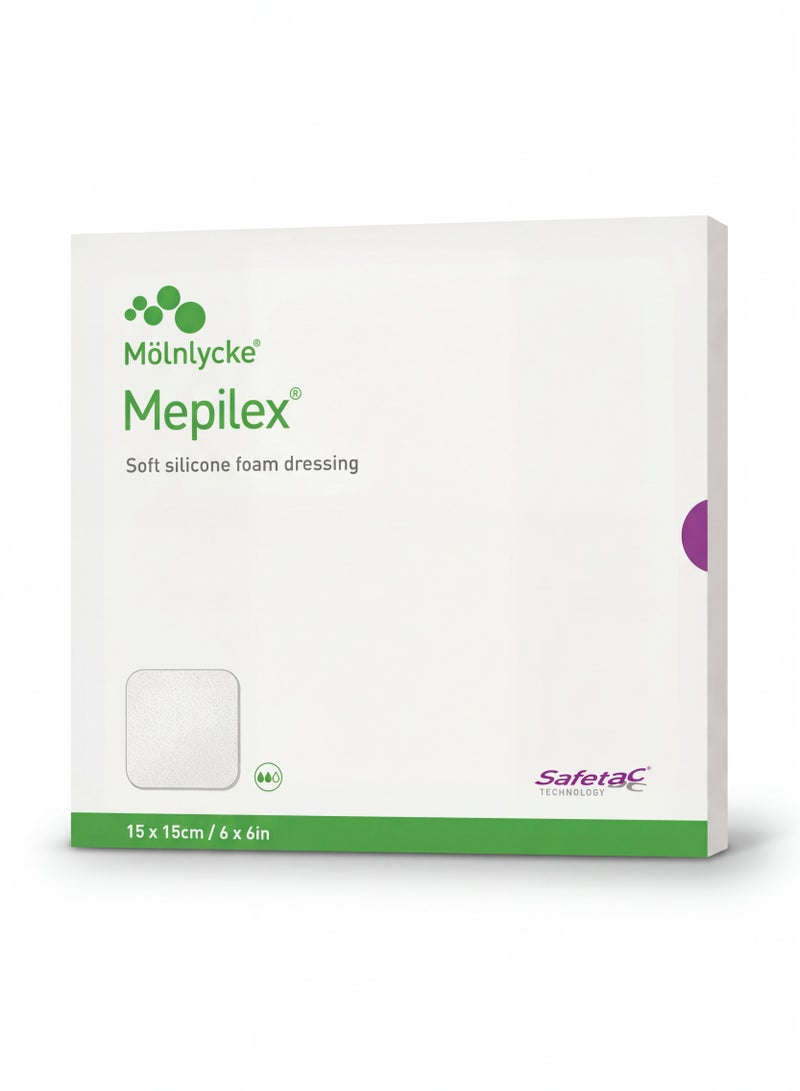 Molnlycke Soft silicone foam dressing (Mepilex) 15×15cm | 6 × 6 inches - 5 pieces with Safetac technology for advanced wound care (for ulcers, burns, pressure ulcers) - Image 1