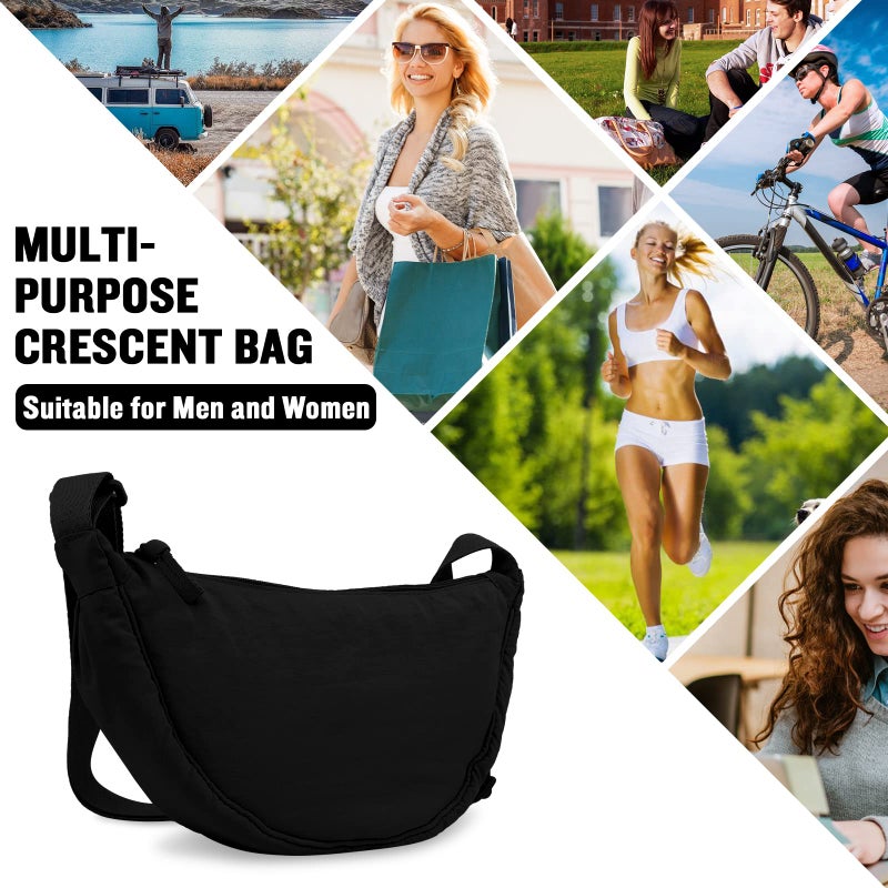 EVGLOW Nylon Crescent Crossbody Bag for Women Purses Trendy Men,Small Travel Sling Bag Hobo,Lightweight Fanny Pack with Zipper Adjustable Strap,Round Soft Shoulder Bag for Everyday Use Work Sport(Black) - Image 5