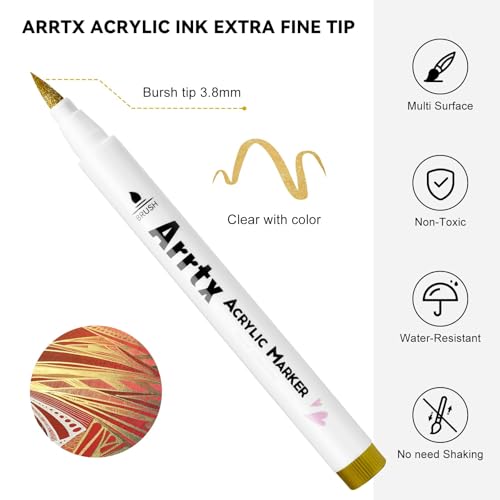 Arrtx Acrylic Paint Pens 10 Pack Brush Tip White Paint Markers Metallic for Rock Fabric Wood Glass Canvas Ceramic 4 White 4 Black 1 Gold 1 Silver Water Based Ink DIY Crafts - Image 3