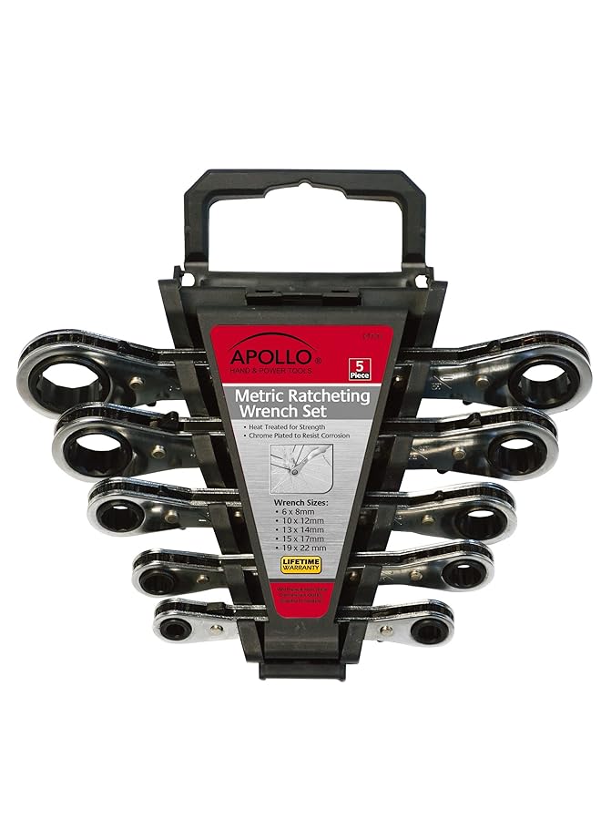 Apollo 5 Piece Metric Steel Ratcheting Wrench Set Includes 5 Ratcheting Wrenches In Quick Release Case For Trunk Garage And On The Road Dt1213  - Image 1