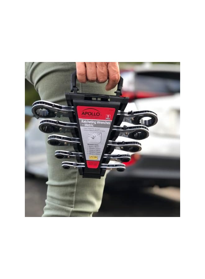 Apollo 5 Piece Metric Steel Ratcheting Wrench Set Includes 5 Ratcheting Wrenches In Quick Release Case For Trunk Garage And On The Road Dt1213  - Image 5