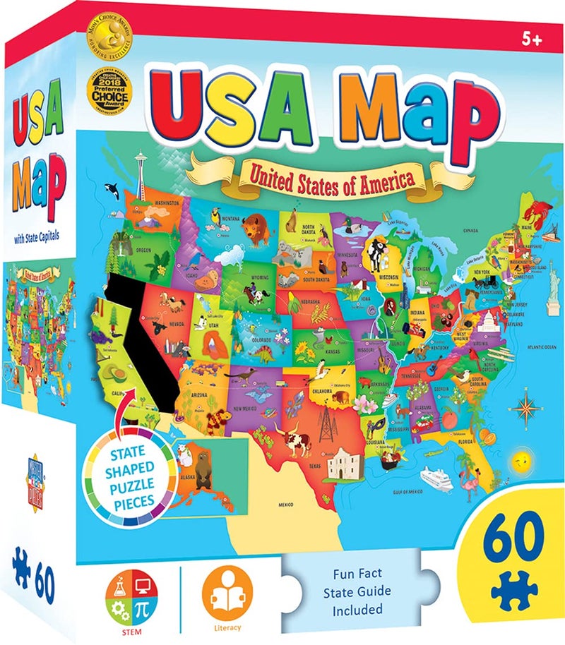 MasterPieces 60 Piece Educational Jigsaw Puzzle for Kids - USA Map State Shaped - 16.5"x12.75" - Image 1