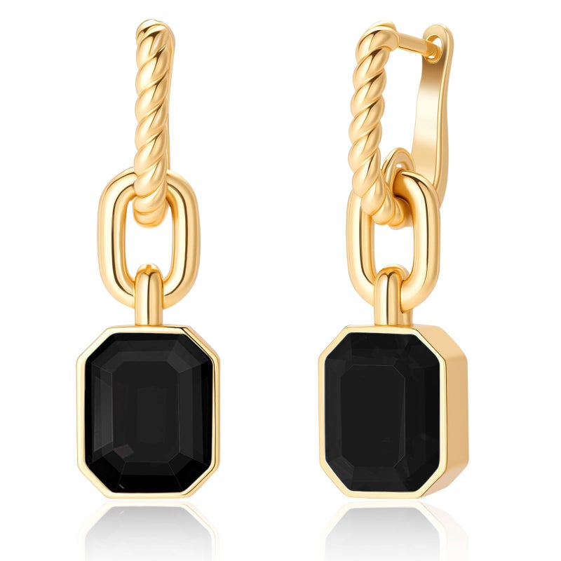 Lourny Birthstone Crystal Dangle Drop Earrings, 18K Gold Plated Huggie Hoop Hypoallergenic Earring Jewelry Gifts for Women (Black-Hoop) - Image 1