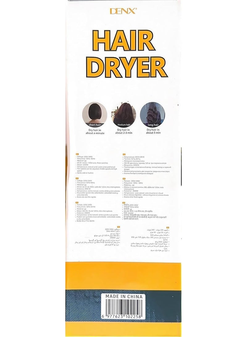 دينكس مجفف الشعر الاحترافي DENX DX1384 - مجفف شعر قوي بقدرة 2200 واط للاستخدام في الصالونات، مزود بهواء ساخن وبارد، وإعدادين للسرعة، وحماية من الحرارة الزائدة، وسلك طويل بطول 2.5 متر، مجفف شعر خفيف الوزن لتصفيف الشعر للاستخدام المنزلي والصالونات. - Image 5