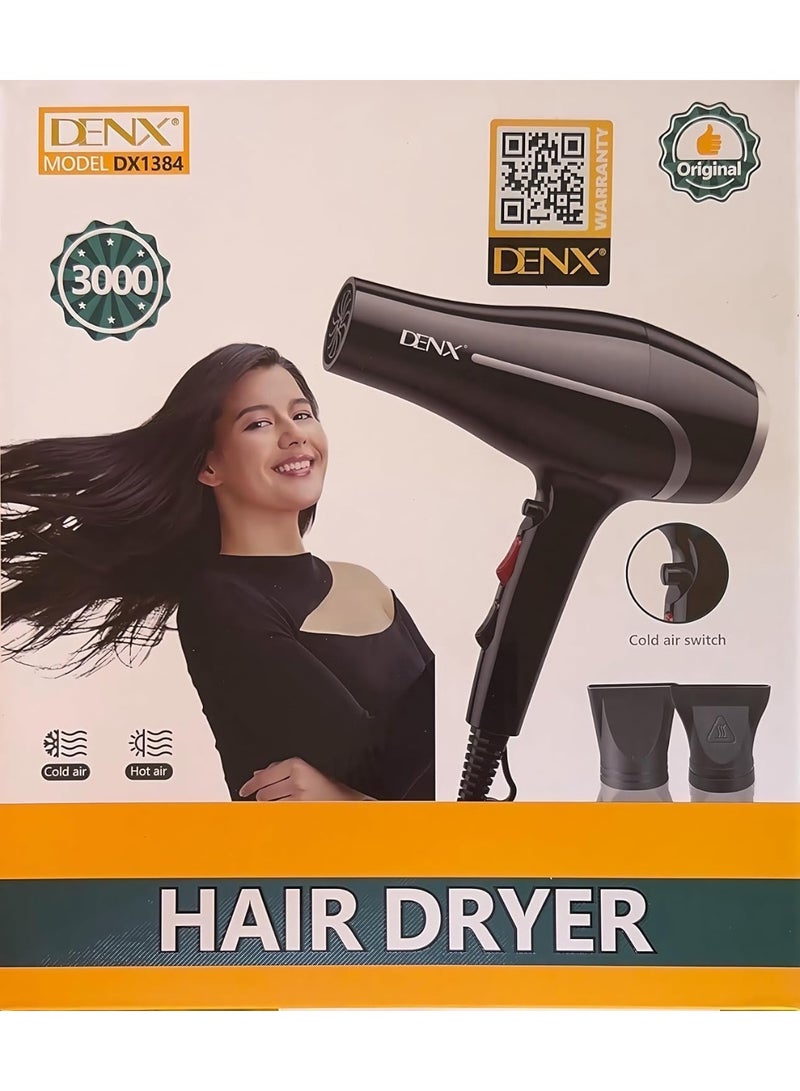 دينكس مجفف الشعر الاحترافي DENX DX1384 - مجفف شعر قوي بقدرة 2200 واط للاستخدام في الصالونات، مزود بهواء ساخن وبارد، وإعدادين للسرعة، وحماية من الحرارة الزائدة، وسلك طويل بطول 2.5 متر، مجفف شعر خفيف الوزن لتصفيف الشعر للاستخدام المنزلي والصالونات. - Image 3