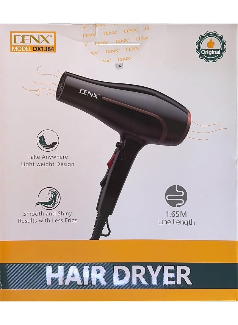 دينكس مجفف الشعر الاحترافي DENX DX1384 - مجفف شعر قوي بقدرة 2200 واط للاستخدام في الصالونات، مزود بهواء ساخن وبارد، وإعدادين للسرعة، وحماية من الحرارة الزائدة، وسلك طويل بطول 2.5 متر، مجفف شعر خفيف الوزن لتصفيف الشعر للاستخدام المنزلي والصالونات. - Image 2