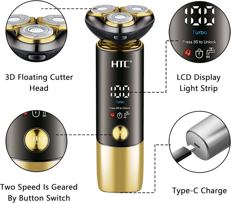 إتش تي سي ماكينة حلاقة كهربائية رجالية GT-699 قابلة للغسل بالكامل بمعيار IPX6 مع شاشة LED، وشحن عبر USB-C، ومقص صغير منبثق، وشفرات من الفولاذ عالي الكربون – أداة حلاقة لاسلكية - Image 2