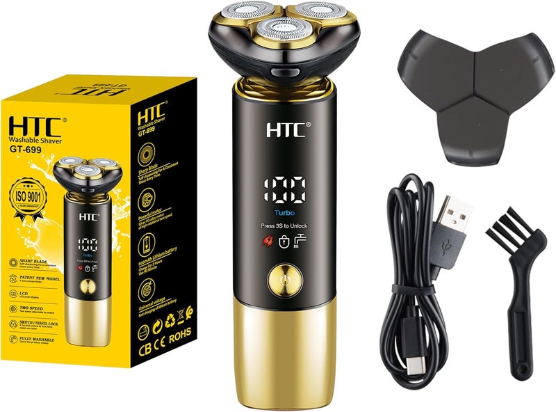 إتش تي سي ماكينة حلاقة كهربائية رجالية GT-699 قابلة للغسل بالكامل بمعيار IPX6 مع شاشة LED، وشحن عبر USB-C، ومقص صغير منبثق، وشفرات من الفولاذ عالي الكربون – أداة حلاقة لاسلكية - Image 1