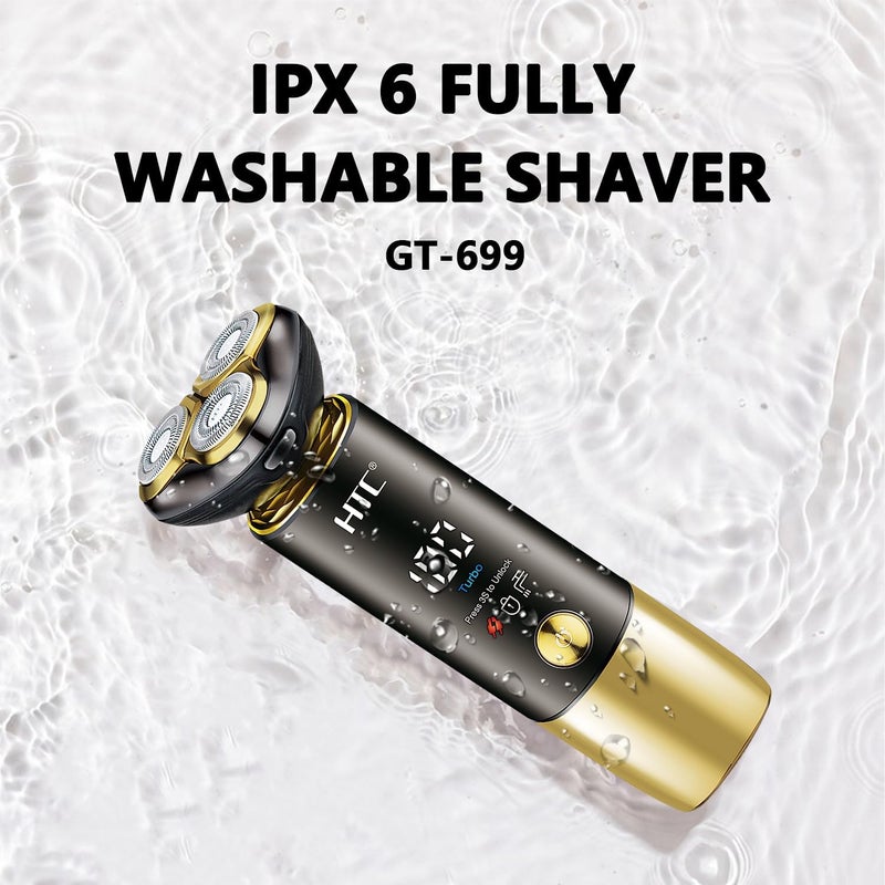 إتش تي سي ماكينة حلاقة كهربائية رجالية GT-699 قابلة للغسل بالكامل بمعيار IPX6 مع شاشة LED، وشحن عبر USB-C، ومقص صغير منبثق، وشفرات من الفولاذ عالي الكربون – أداة حلاقة لاسلكية - Image 3