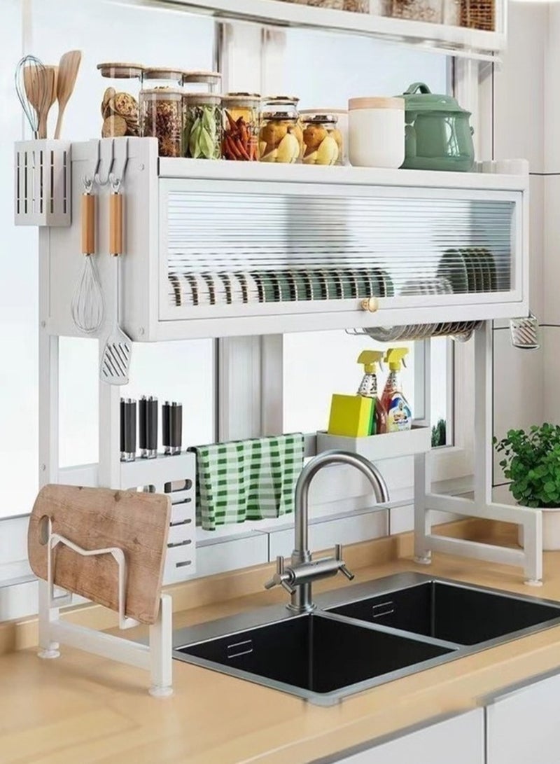 AIWANTO Over-Sink Dish Drying Rack with Cabinet & Dustproof Lid – Multi-Functional Kitchen Organizer for Plates, Bowls, Utensils & Cutting Boards - Image 2