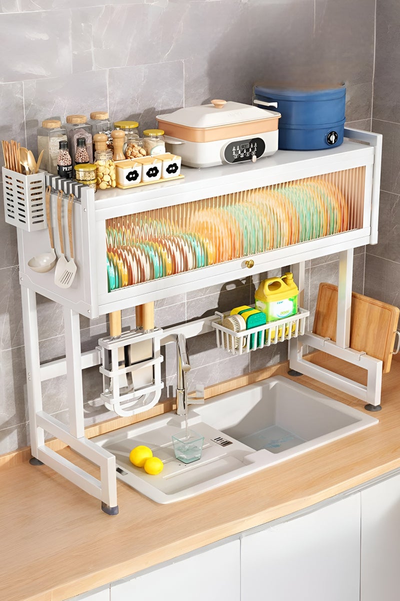 AIWANTO Over-Sink Dish Drying Rack with Cabinet & Dustproof Lid – Multi-Functional Kitchen Organizer for Plates, Bowls, Utensils & Cutting Boards - Image 1