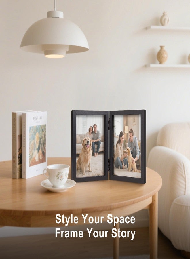 Forev 3.5x5 Double Picture Frame Wooden Hinged Photo Frame Definition Glass Stand Vertically on Desktop or Tabletop Black - Image 5