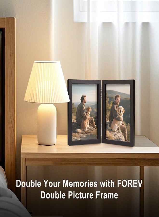 Forev 3.5x5 Double Picture Frame Wooden Hinged Photo Frame Definition Glass Stand Vertically on Desktop or Tabletop Black - Image 2
