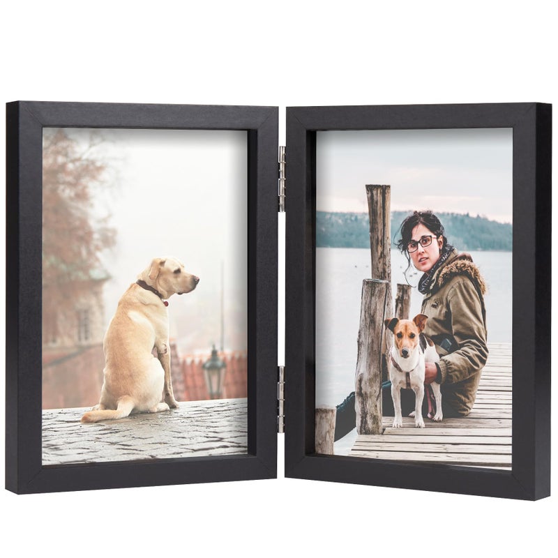 Forev 3.5x5 Double Picture Frame Wooden Hinged Photo Frame Definition Glass Stand Vertically on Desktop or Tabletop Black - Image 1