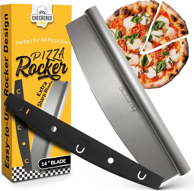 Checkered Chef Pizza Cutter Rocker Blade 14" - Sharp Stainless Steel Rocker Knife with Plastic Blade Sheath, Dishwasher Safe, Outdoor Pizza Oven Accessories - Image 1