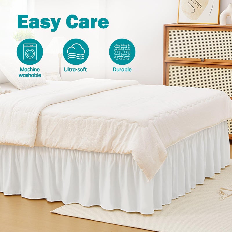 Vocander White Queen Size Bed Skirt 14 Inch Drop, Elastic Wrap Around Dust Ruffle Bed Skirting Easy to Install, Adjustable Tailored Bedskirts Fade & Wrinkle Resistant, Bedroom Decor - Image 3