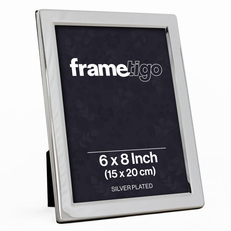 Frametigo  Silver Plated Flat Edge Photo Frame 6x8 15x20cm Photo Size  Velvet Frame Backing  Stand  Real Glass Window  TarnishResistant  Landscape or Portrait Orientation