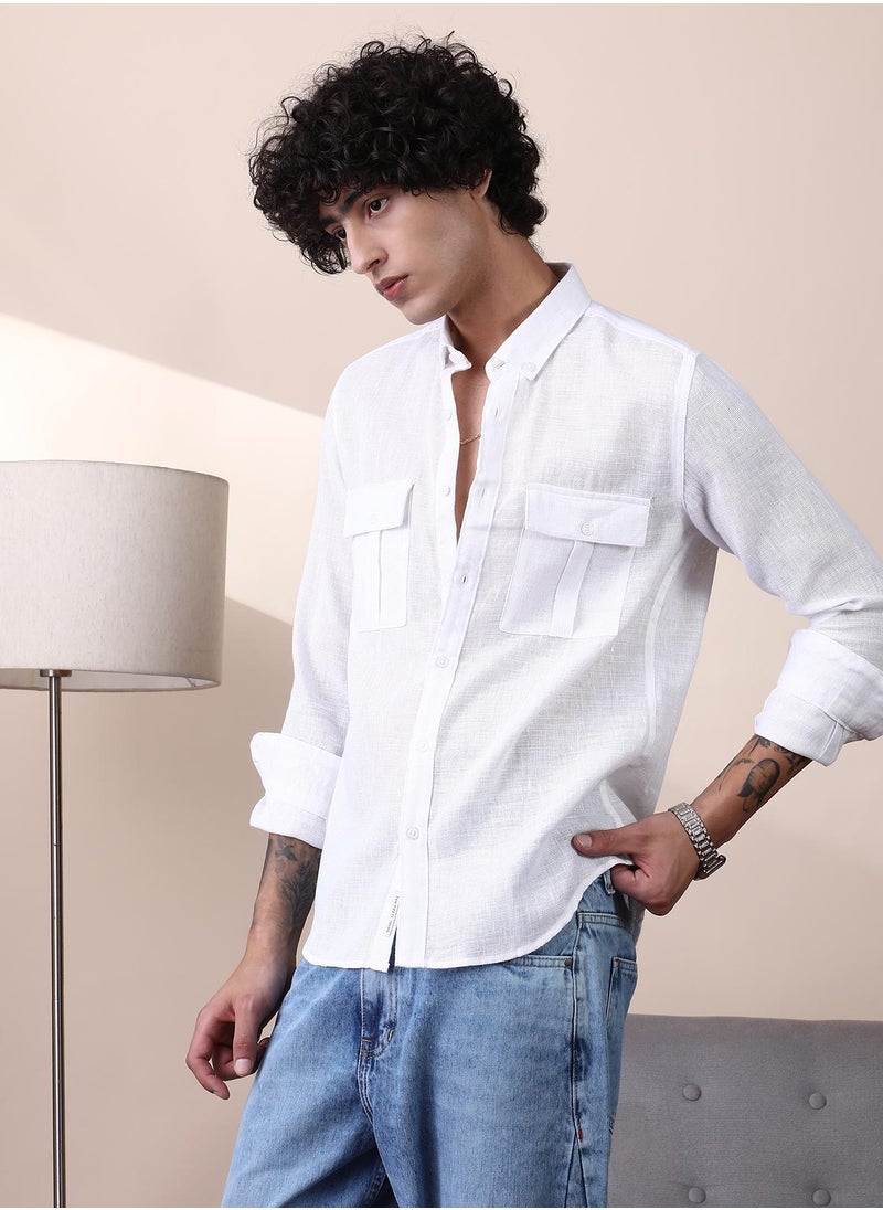 Campus Sutra Campus Sutra Men's Chalk White Open-Weave Utility Shirt For Casual Wear | Spread Collar | Long Cuffed Sleeves | Button Closure | Shirt Crafted With Comfort Fit For Everyday Wear  - Image 3