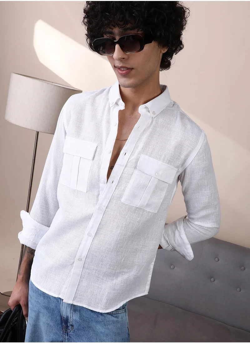 كامبوس سوترا Campus Sutra Men's Chalk White Open-Weave Utility Shirt For Casual Wear | Spread Collar | Long Cuffed Sleeves | Button Closure | Shirt Crafted With Comfort Fit For Everyday Wear