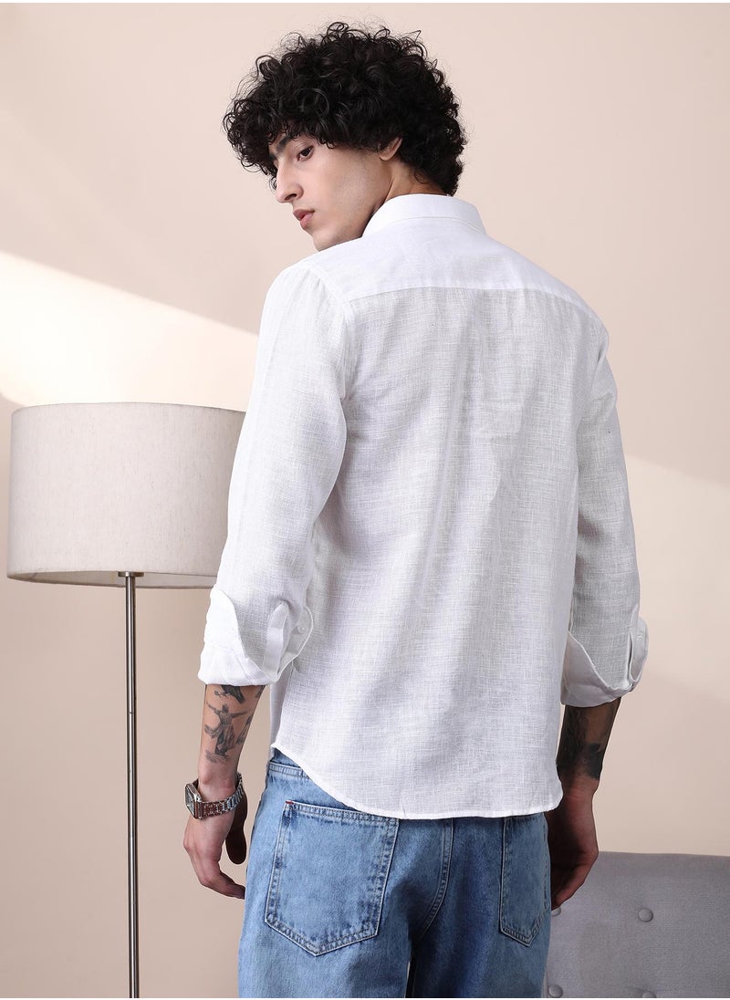 Campus Sutra Campus Sutra Men's Chalk White Open-Weave Utility Shirt For Casual Wear | Spread Collar | Long Cuffed Sleeves | Button Closure | Shirt Crafted With Comfort Fit For Everyday Wear  - Image 5