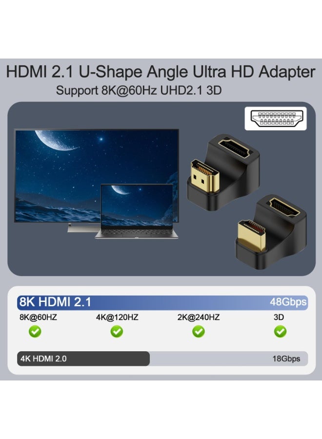 2 قطعة محول HDMI 2.1 بزاوية 180° على شكل U – 8K@60Hz، 4K@120Hz، 48Gbps ذكر إلى أنثى (1 موجب + 1 عكسي)، 3D eARC، مؤشر LED، للحاسوب المحمول والكمبيوتر والشاشة والبروجيكتور والتلفزيون عالي الدقة - Image 3