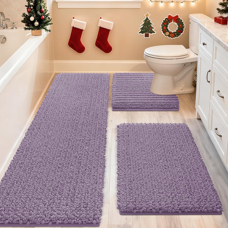 ACCUMTEK Upgrade Extra Large Lavender Bathroom Rug Set 3 Pieces Ultra Soft Thick Absorbent Bath Mats Non Slip Chenille Toilet Mat for Bathroom Bedroom Kitchen