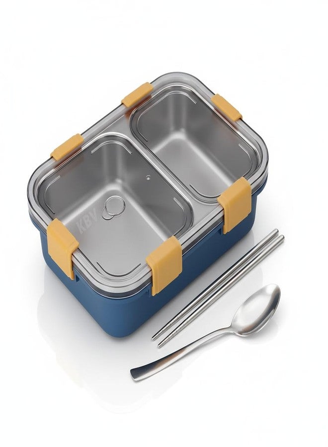 KBV 2 Compartment Stainless Steel Lunch Box 750 ml | 304 Grade Steel Tiffin Box | BPA Free, Leakproof, Dishwasher Safe | Office Lunch Box for Adults & Kids with Spoon & Chopsticks (Blue) - Image 1