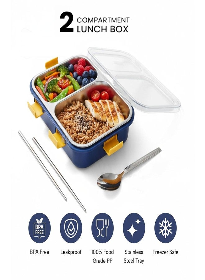 KBV 2 Compartment Stainless Steel Lunch Box 750 ml | 304 Grade Steel Tiffin Box | BPA Free, Leakproof, Dishwasher Safe | Office Lunch Box for Adults & Kids with Spoon & Chopsticks (Blue) - Image 3