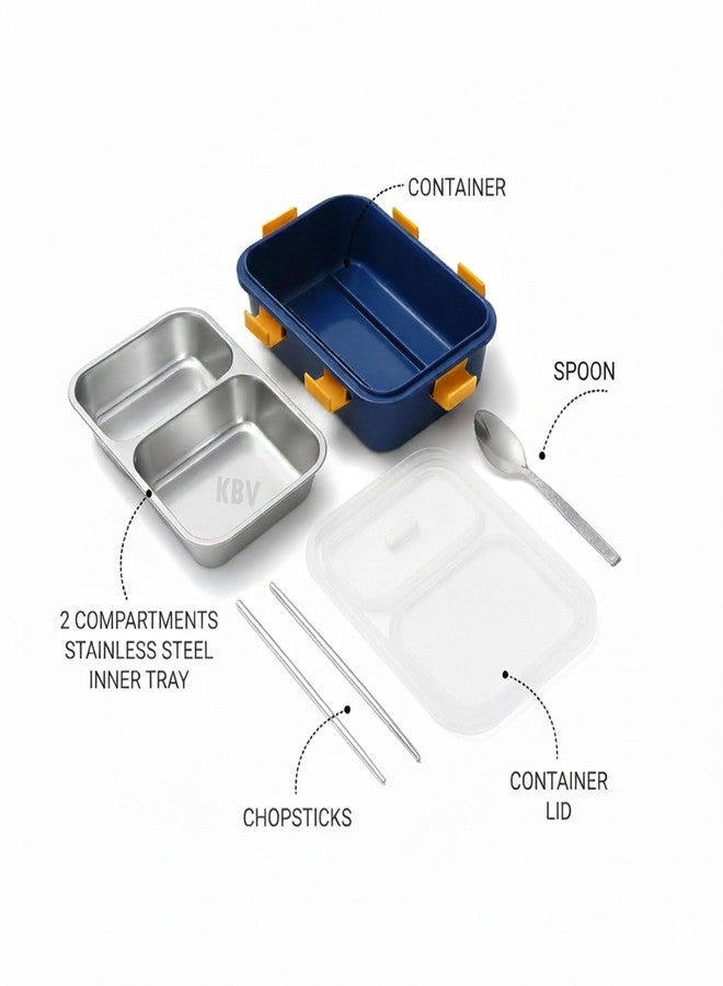 KBV 2 Compartment Stainless Steel Lunch Box 750 ml | 304 Grade Steel Tiffin Box | BPA Free, Leakproof, Dishwasher Safe | Office Lunch Box for Adults & Kids with Spoon & Chopsticks (Blue) - Image 5