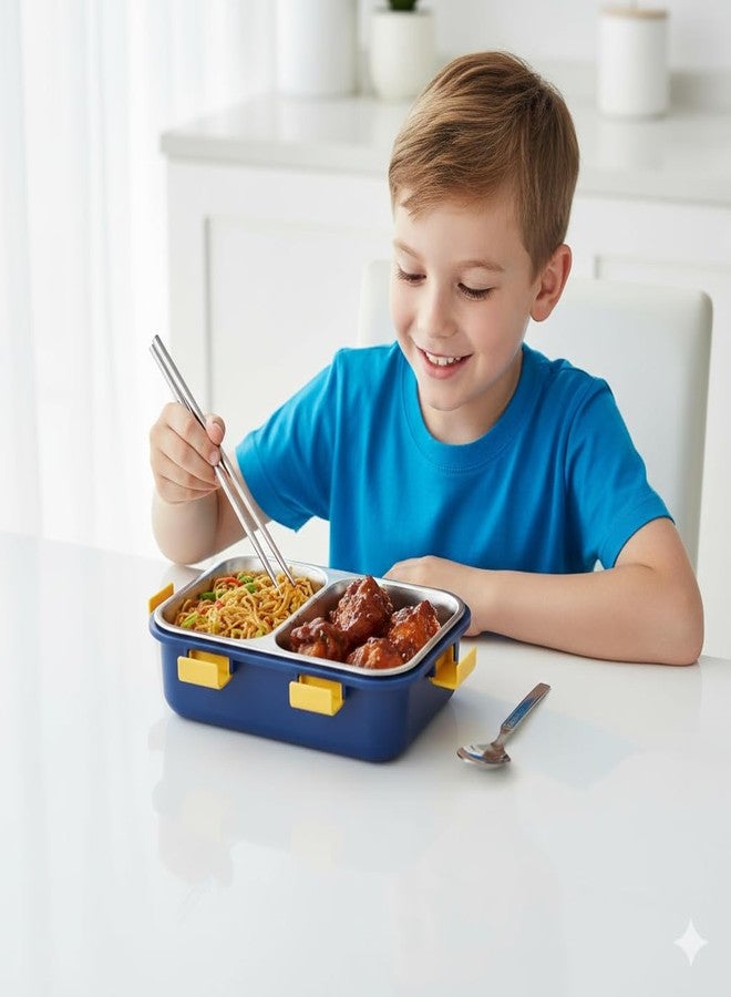 KBV 2 Compartment Stainless Steel Lunch Box 750 ml | 304 Grade Steel Tiffin Box | BPA Free, Leakproof, Dishwasher Safe | Office Lunch Box for Adults & Kids with Spoon & Chopsticks (Blue) - Image 2
