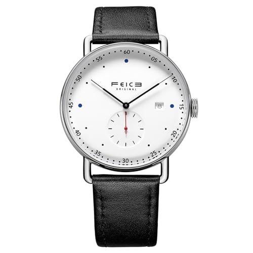 FEICE New Men's Automatic Watch Unisex Classic Minimalistic Mechanical Watch Curved Mirror Waterproof Casual Dress Watches with Leather Bands -FM506 (1-White) - Image 1