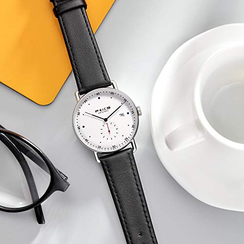 FEICE New Men's Automatic Watch Unisex Classic Minimalistic Mechanical Watch Curved Mirror Waterproof Casual Dress Watches with Leather Bands -FM506 (1-White) - Image 2