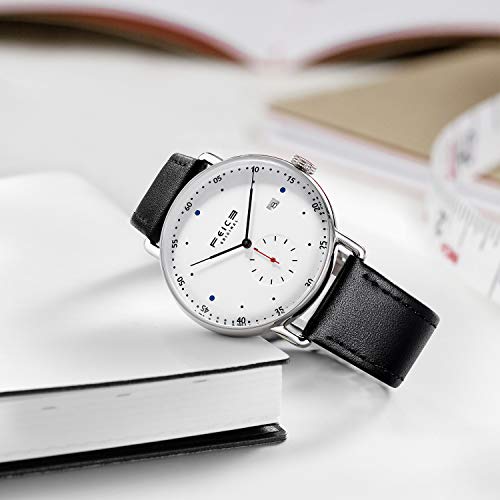 FEICE New Men's Automatic Watch Unisex Classic Minimalistic Mechanical Watch Curved Mirror Waterproof Casual Dress Watches with Leather Bands -FM506 (1-White) - Image 3