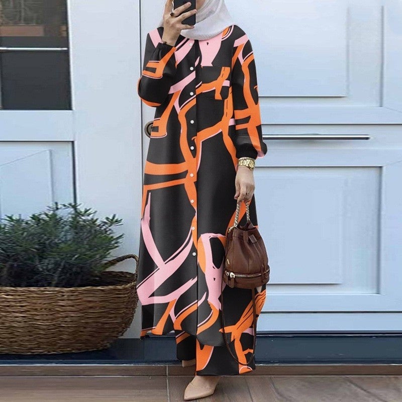 H707# Muslim womens Arabian style two-piece spring and autumn new womens long sleeve shirt pants suit Black without pocket 