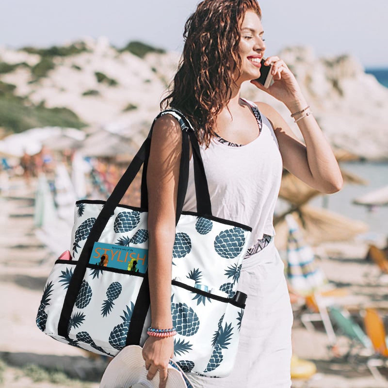 Becokan Beach Bags for Women Large Beach Tote Bag with Zipper Pockets Beach Bag Waterproof Sandproof Travel Nurse Tote Bag - Image 2