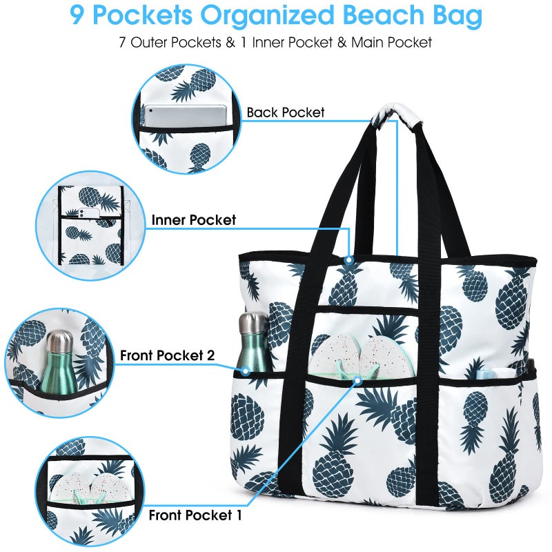 Becokan Beach Bags for Women Large Beach Tote Bag with Zipper Pockets Beach Bag Waterproof Sandproof Travel Nurse Tote Bag - Image 3