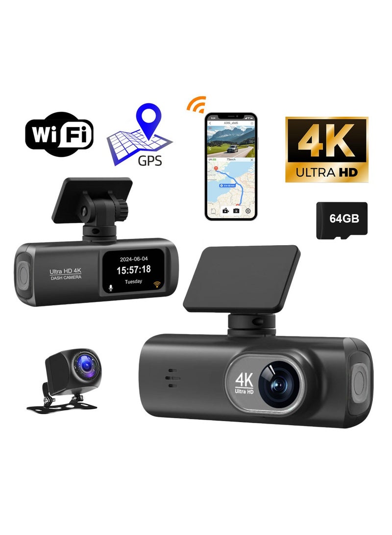 Dash Camera for Cars with WiFi  GPS, 4K Front and 1080P Rear Car Camera, with Super Night Vision and 24-Hour Parking Monitor, Parking Assistance, Supports 256GB Max - Image 1