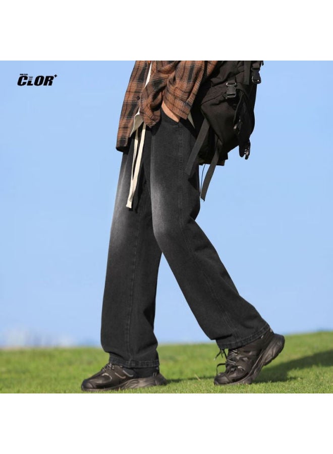 Clor Gradient Jeans For Men, Spring And Summer American Trendy Casual Loose Straight-leg Pants, Nzk05 Mobi White Black 3XL - Image 2