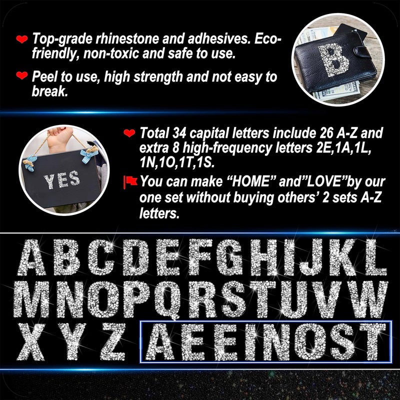 Locacrystal 34Pcs Bling Resin Rhinestone Alphabet Letter Stickers, A-Z Letters Self-Adhesive hotfix Crystal Rhinestones Word Sticker for Car&Art&Crafts&Clothing DIY Decoration(Silver) - Image 3
