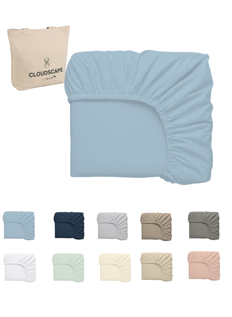 Cloud Scape Linen 600 Thread Count Egyptian Cotton Fitted Sheet ( Super King, French Blue) - Image 1