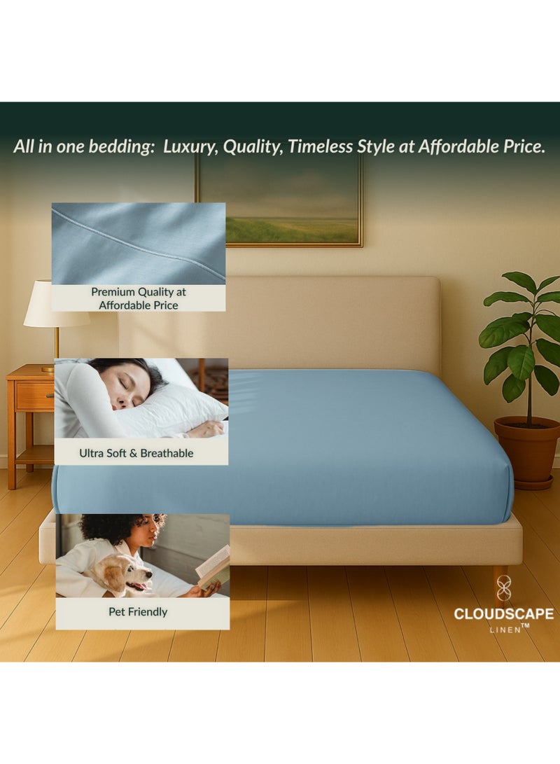 Cloud Scape Linen 600 Thread Count Egyptian Cotton Fitted Sheet ( Super King, French Blue) - Image 4