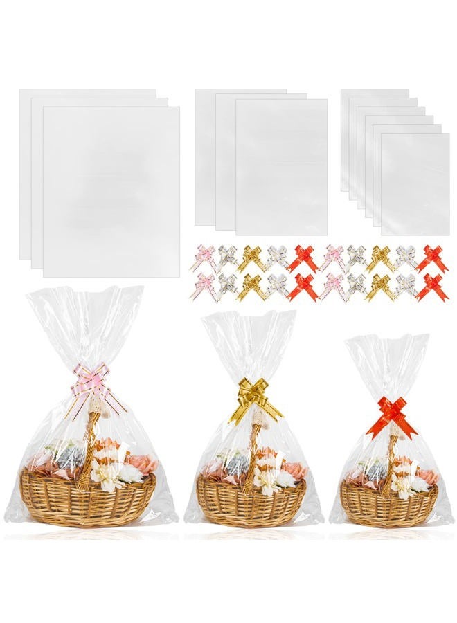 Labeol 50pcs Cellophane Bags 3 Sizes Cellophane Wrap for Gift Baskets 24x30 16x24 12x18 Large Clear Packaging Bags with 50 Pull Bows for Gift Wrapping Plastic Gift Bags - Image 1