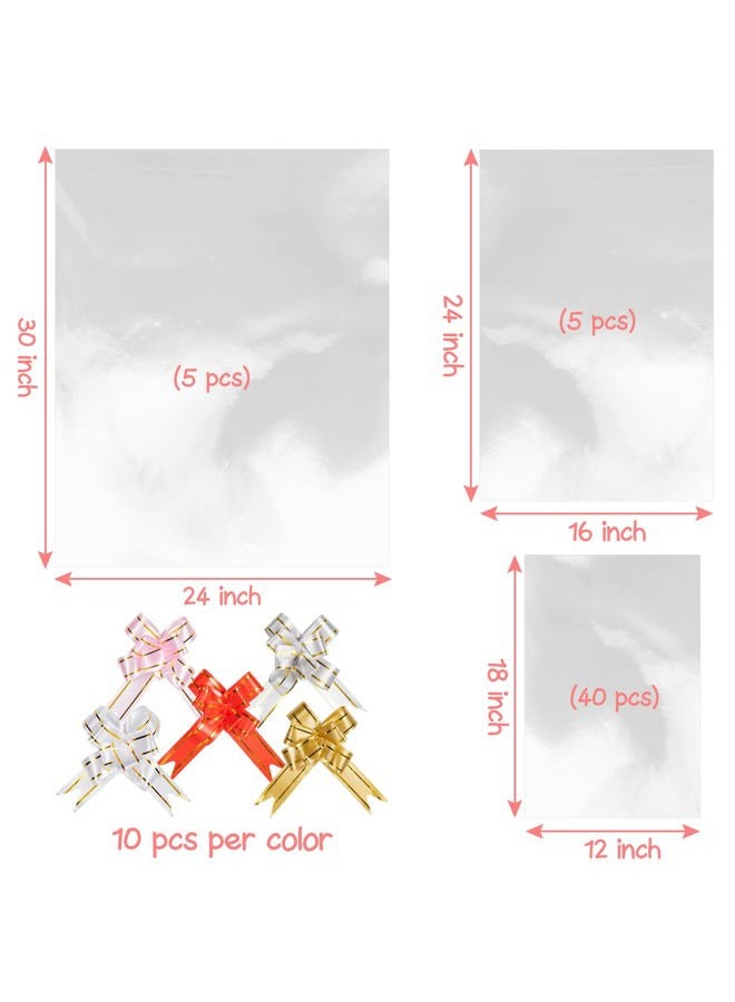Labeol 50pcs Cellophane Bags 3 Sizes Cellophane Wrap for Gift Baskets 24x30 16x24 12x18 Large Clear Packaging Bags with 50 Pull Bows for Gift Wrapping Plastic Gift Bags - Image 4
