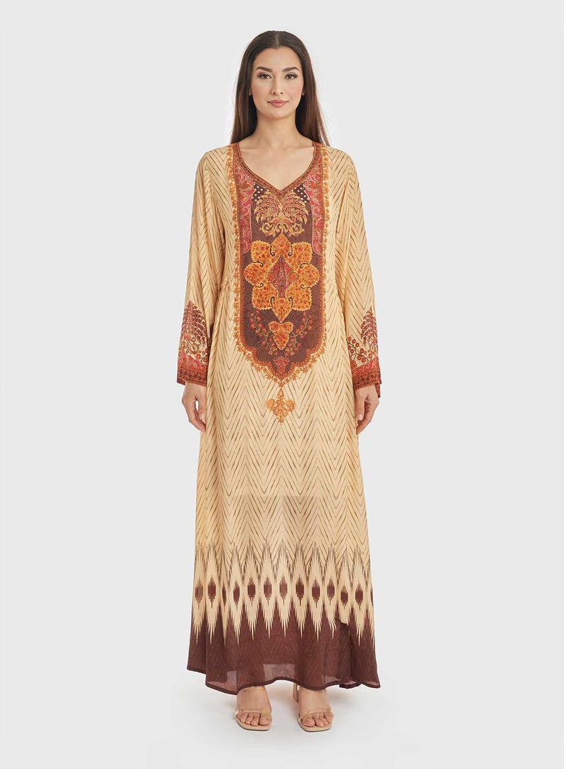 KASHKHA Kuwaiti Cut Jalabiya with Zigzag Print and Stone Work - Image 1